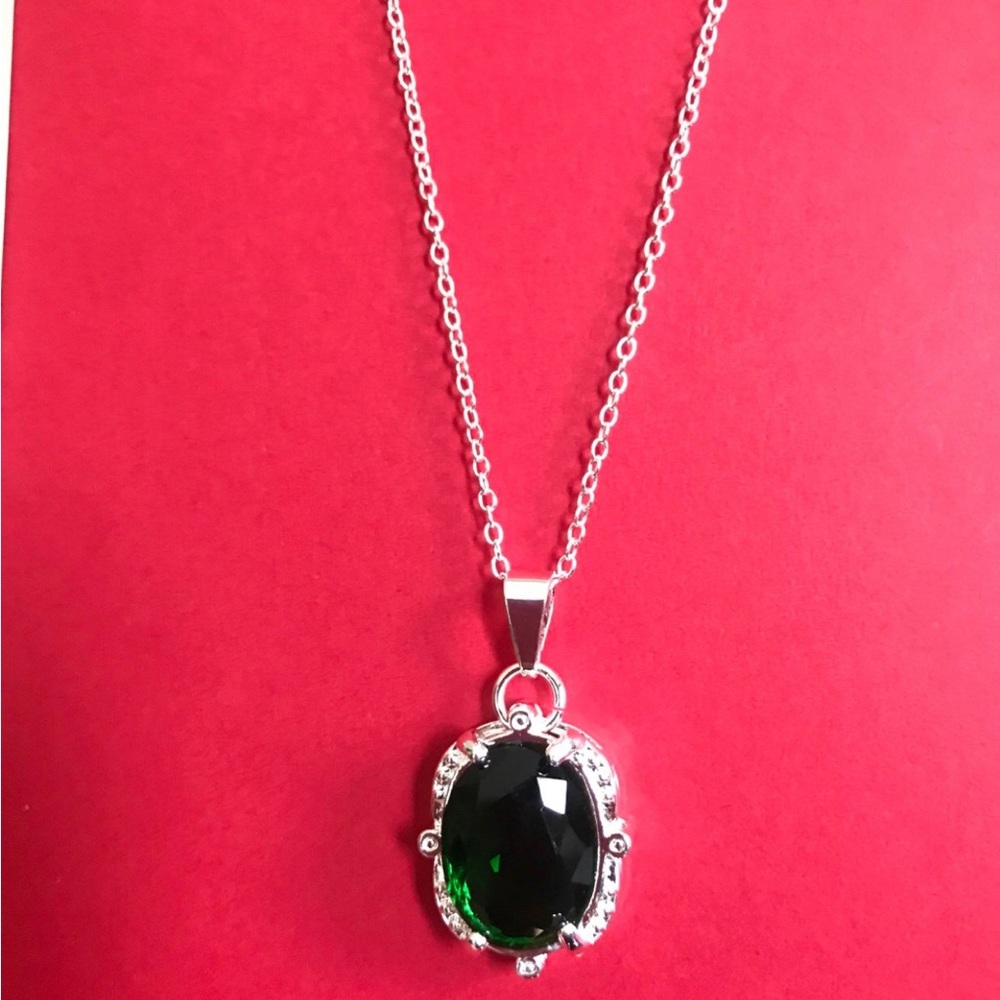 Sterling Silver Necklace with Dark Green Oval Austrian Crystal Pendant